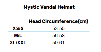 2025 Mystic Vandal Helmet Final 0 Size Chart